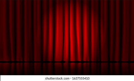 Stage curtains light by searchlight. Realistic theater red dramatic curtains, spotlight on stage theatrical classic drapery vector template illustration. Circus and movie hall, standup interior scene