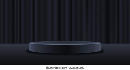 Stage curtains and realistic dark platform. Closed curtains and stage with empty pedestal. 3d podium for product display show or place for presentation. Vector.