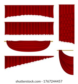 Stage Curtains Set. Isolated Vector Realistic Velvet Textile Decoration Pelmet Drapery Design Collection. Luxury Top Border Valance Red Curtains Stage Interior Decor