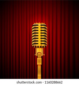 Stage Curtains With Shining Gold Microphone Vector Illustration. Standup Comedy Show Concept. 