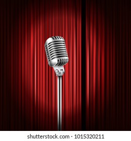 Stage Curtains With Shining Microphone Vector Illustration. Standup Comedy Show Concept