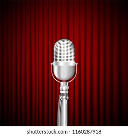 Stage curtains with shining microphone vector illustration. Standup comedy show concept. 