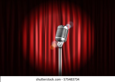 Stage curtains with shining microphone vector illustration. Standup comedy show concept