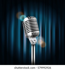 Stage curtains with shining microphone vector illustration. Standup comedy show concept