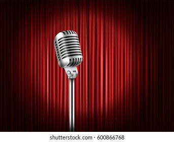 Stage curtains with shining microphone vector illustration. Standup comedy show concept