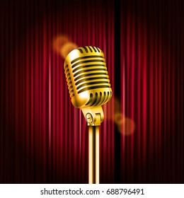 Cortinas de escenario con brillante ilustración vectorial de micrófono. Concepto de comedia Standup