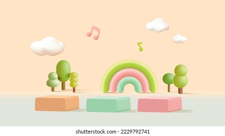 Stage decor with tree shapes. 3d pedestal natural scene or platform for product stand. Vector illustration. Podium for kid’s product presentations.