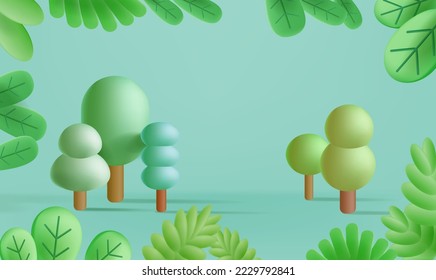 Stage decor with tree shapes. 3d pedestal natural scene or platform for product stand. Vector illustration.Background for kid’s product presentations.