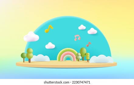 Stage decor with tree shapes. 3d pedestal natural scene or platform for product stand. Vector illustration. Podium for kid’s product presentations.