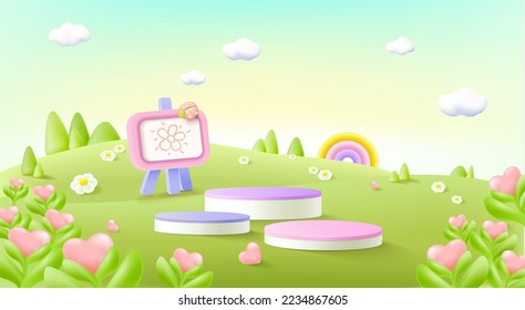 Stage decor with tree shapes. 3d pedestal natural scene or platform for product stand. Vector illustration. Podium for kid’s product presentations.