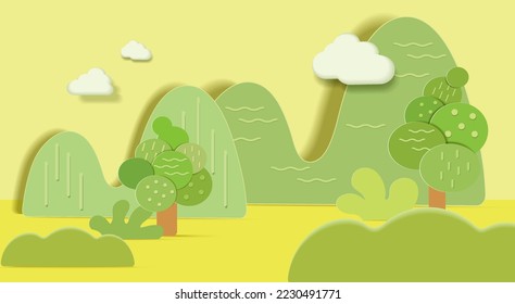 Decoración escénica con formas de árboles y nubes. 3d escena natural peatonal o plataforma para soporte de productos. Ilustración vectorial. Podos redondos para presentaciones de productos infantiles.