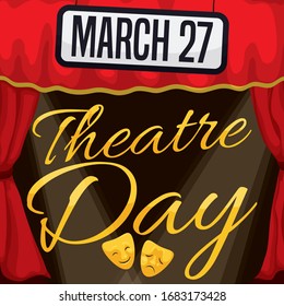 Stage decorated with red curtains, sign with the date and lights ready for special presentation in the Theatre Day celebration this March 27.