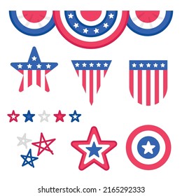 decoración escénica con bandera estelar de seda de terciopelo Cortinas o colgaduras en celebración del Día de la Independencia de Estados Unidos o homenaje kawaii doodle ilustración vectorial plana