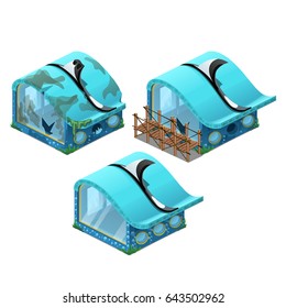 The stage of destruction and reconstruction of the pavilion designed for the aquarium isolated on white background. Vector cartoon close-up illustration.
