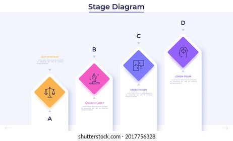 Stage diagram with four paper white columns placed in horizontal row. Concept of 4 steps of business project development process. Minimal infographic design template. Modern flat vector illustration.