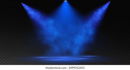 Stage with directional blue light on transparent background, neon light, empty stage and studio room with floating smoke. For product demonstrations.	