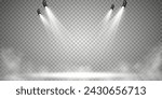Stage with directional light on transparent background, white light, empty stage and studio room with floating smoke. For product demonstrations.	