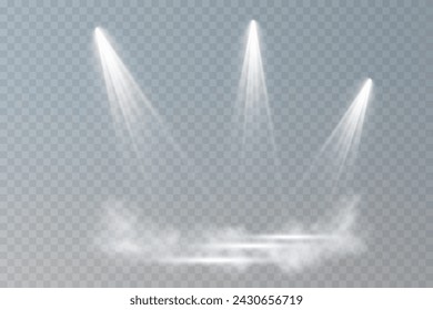 Stage with directional light on transparent background, white light, empty stage and studio room with floating smoke. For product demonstrations.	