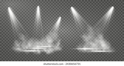 Stage with directional light on transparent background, white light, empty stage and studio room with floating smoke. For product demonstrations.	