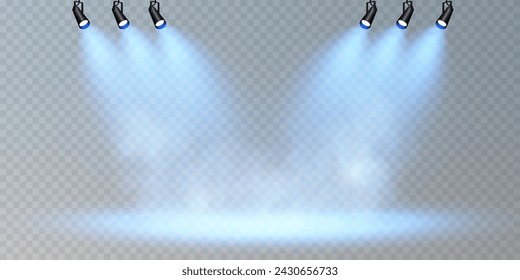 Stage with directional light on transparent background, neon light, empty stage and studio room with floating smoke. For product demonstrations.	