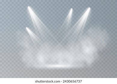 Escenario con luz direccional sobre fondo transparente, luz blanca, escenario vacío y sala de estudio con humo flotante. Para demostraciones de productos.	