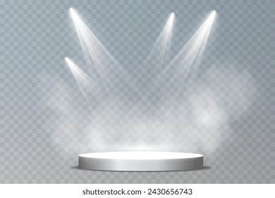 Stage with directional light on transparent background, white light, empty stage and studio room with floating smoke. For product demonstrations.	