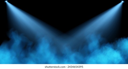 Stage with directional light on transparent background, neon light, empty stage and studio room with floating smoke. For product demonstrations.	