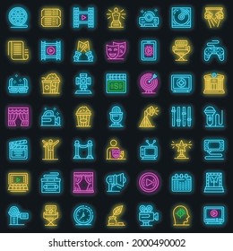 Conjunto de iconos de director de etapa. Conjunto de esquemas de iconos vectoriales del director de escenario color de neón en negro