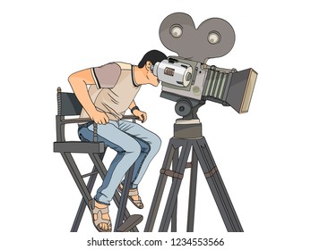 Stage director on set pop art retro vector illustration. isolated object on white background. videographer and camera on the legs