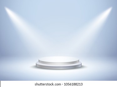 Stage display podium on blue studio shoot room background. Realistic white clean circle plinth, pillar, pedestal. Vector prize empty stage platform stand with projector lights for advertising design.