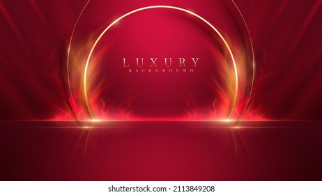 Stage for display products and golden curve line elements with glitter light effect decoration and flame with bokeh. Red luxury style background.