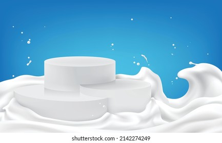 Stage for displaying products with milk wave background, dairy concept, vector illustration and design.
