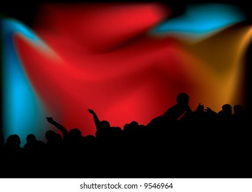 stage diving at a concert with the crowd in silhouette and bright spot lights