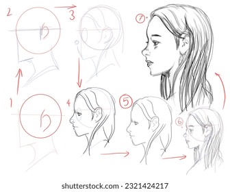 the stage of drawing a sketch of a woman's face on a white background