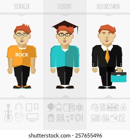 Stage of education, age and progress. From a teenager and student to business men.