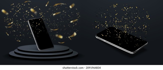 Stage Empty For Decor Product, Advertising, Show, Contest, Award. Winner Concept. Modern Mockup. Mobile Phone Mockup With Blank Screen In Different Isometric Perspective. Vector Illustration