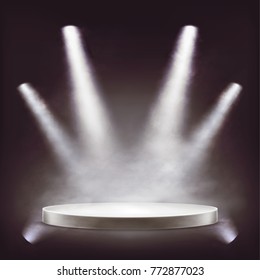 Stage, empty round podium illuminated by white beams spotlights, projectors with a smoke or fog effect, vector realistic . Transparent light effect design element for theater, studio, awards ceremony Stage, empty round podium illuminated by white beams spotlights, projectors with a smoke or fog effect, vector realistic . Transparent light effect design element for theater, studio, awards ceremony