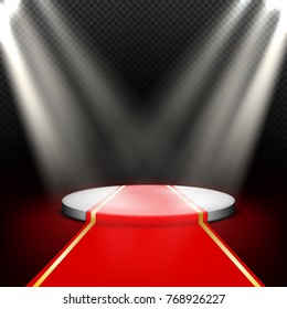 Stage, empty round podium with red carpet illuminated by white beams spotlights, projectors, vector realistic illustration. Transparent light effect design element for theater, studio, awards ceremony