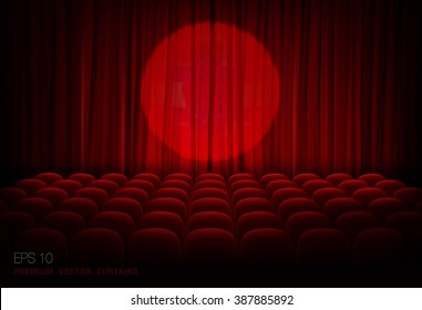 Stage with empty seats and red curtains with bright spotlight. Vector 