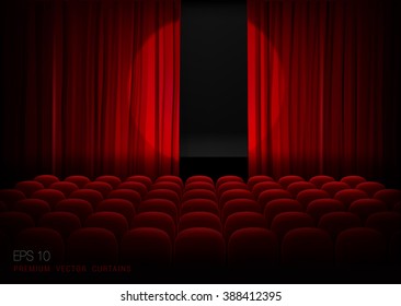 Stage with empty seats and red curtains with bright spotlight. Vector