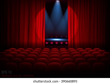 Stage with empty seats and red curtains with bright spotlight. Vector