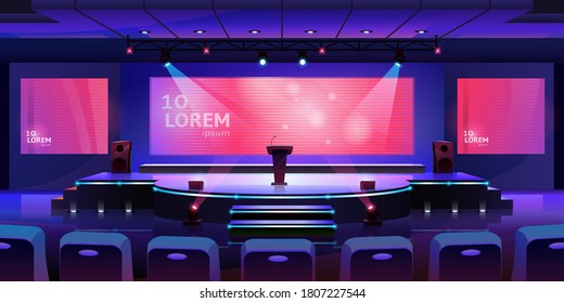 Stage for event or conference with tribune, convention hall for presentation or concert, vector background. Modern empty stage with speaker podium, chair seats and projector display monitors on screen