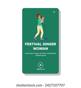 stage festival singer woman vector. karaoke female, sing live, microphone young stage festival singer woman web flat cartoon illustration