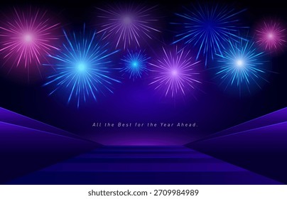 Stage fireworks background for new year celebration. Vector template for anniversary, Independence day, banner, party.