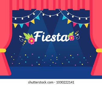 Stage with Flags and Lights Garlands and Fiesta Sign. Mexican Theme Party or Event Invitation