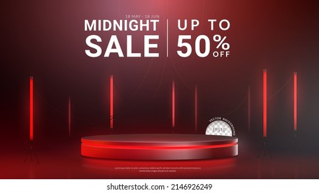 Stage with fluorescent neon light background. Concept of design Midnight sale banner for product display. Layout horizontal, Vector illustration