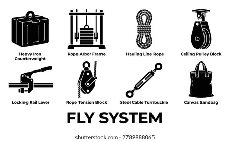 Stage fly system elements, counterweight, ropes, pulleys, turnbuckles, winches, sandbag, vector icons set.
