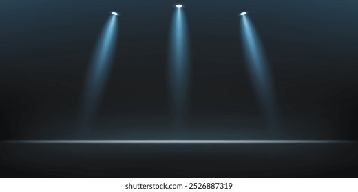 Focos de enfoque de escenario sobre fondo negro y azul. Espacio para la venta de productos en el Sitio web. Habitación vacía con efecto reflector. Ilustración vectorial.