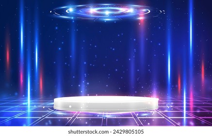 Stage futuristic podium digital technology UI HUD Virtual Interface. 3d white cylinder pedestal podium in Sci-fi room with hologram. Empty futuristic pedestal for product display presentation. Vector.