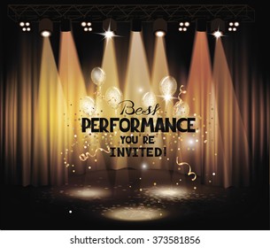 Stage with gold curtains, air balloons and light equipment